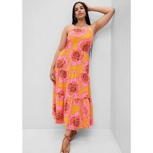 GAP Linen-Blend Tie-Back Tiered Maxi Dress Women's Size XXL Orange Pink New with